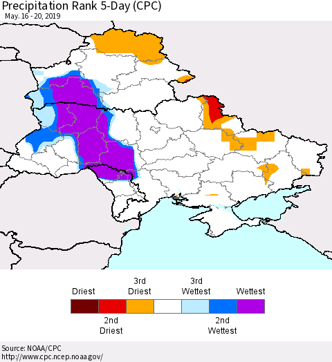 Ukraine, Moldova and Belarus Precipitation Rank since 1981, 5-Day (CPC) Thematic Map For 5/16/2019 - 5/20/2019