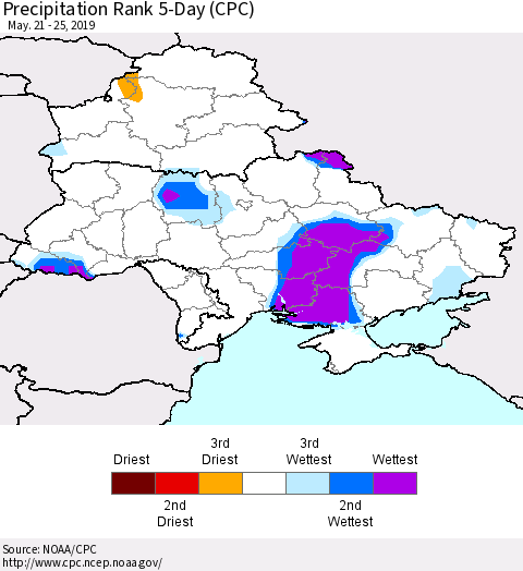 Ukraine, Moldova and Belarus Precipitation Rank 5-Day (CPC) Thematic Map For 5/21/2019 - 5/25/2019