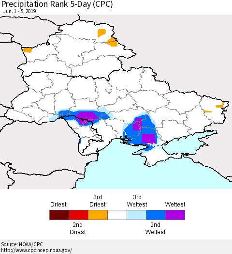 Ukraine, Moldova and Belarus Precipitation Rank 5-Day (CPC) Thematic Map For 6/1/2019 - 6/5/2019