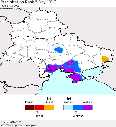 Ukraine, Moldova and Belarus Precipitation Rank 5-Day (CPC) Thematic Map For 6/6/2019 - 6/10/2019