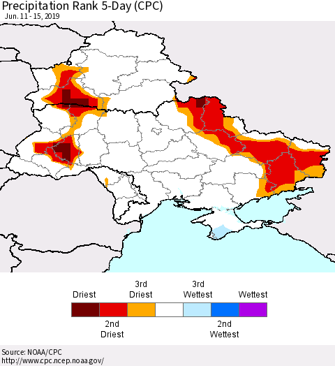 Ukraine, Moldova and Belarus Precipitation Rank 5-Day (CPC) Thematic Map For 6/11/2019 - 6/15/2019