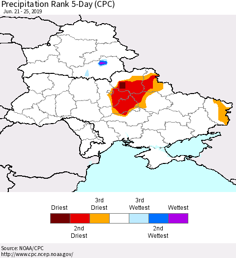 Ukraine, Moldova and Belarus Precipitation Rank 5-Day (CPC) Thematic Map For 6/21/2019 - 6/25/2019