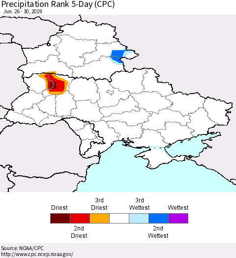 Ukraine, Moldova and Belarus Precipitation Rank 5-Day (CPC) Thematic Map For 6/26/2019 - 6/30/2019