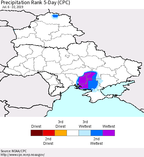Ukraine, Moldova and Belarus Precipitation Rank 5-Day (CPC) Thematic Map For 7/6/2019 - 7/10/2019
