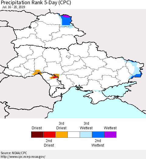 Ukraine, Moldova and Belarus Precipitation Rank 5-Day (CPC) Thematic Map For 7/16/2019 - 7/20/2019