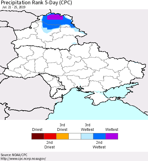 Ukraine, Moldova and Belarus Precipitation Rank 5-Day (CPC) Thematic Map For 7/21/2019 - 7/25/2019