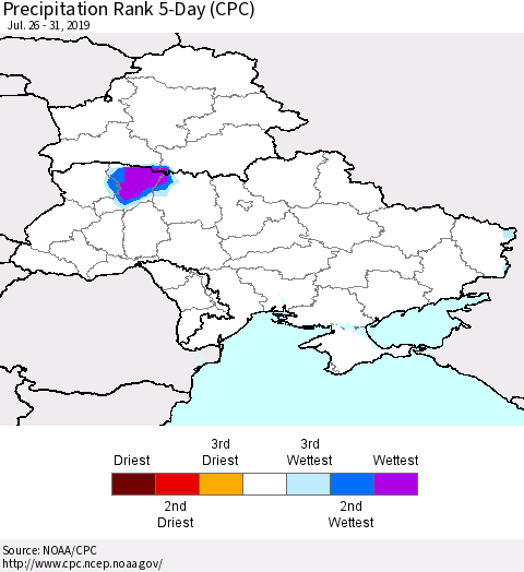 Ukraine, Moldova and Belarus Precipitation Rank 5-Day (CPC) Thematic Map For 7/26/2019 - 7/31/2019