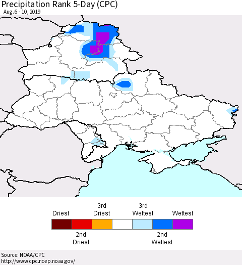 Ukraine, Moldova and Belarus Precipitation Rank 5-Day (CPC) Thematic Map For 8/6/2019 - 8/10/2019