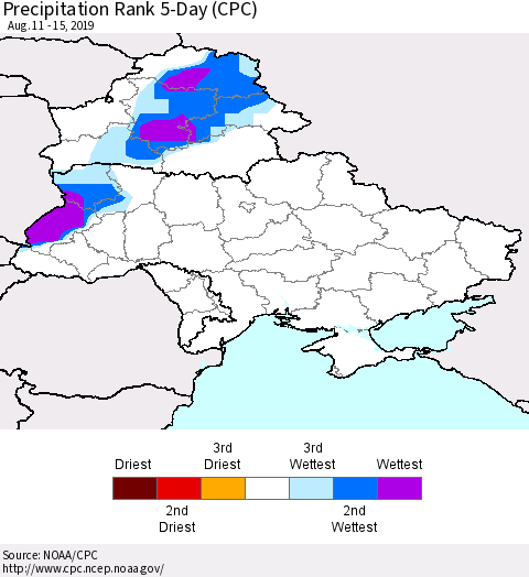 Ukraine, Moldova and Belarus Precipitation Rank 5-Day (CPC) Thematic Map For 8/11/2019 - 8/15/2019