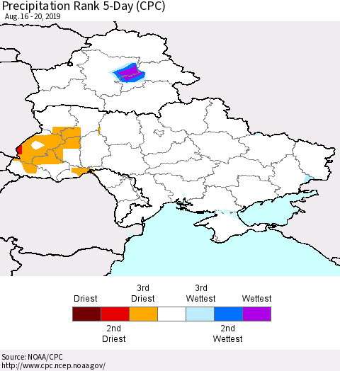 Ukraine, Moldova and Belarus Precipitation Rank 5-Day (CPC) Thematic Map For 8/16/2019 - 8/20/2019