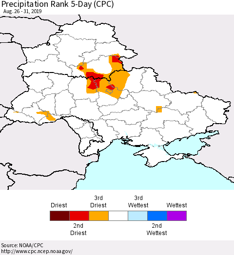 Ukraine, Moldova and Belarus Precipitation Rank 5-Day (CPC) Thematic Map For 8/26/2019 - 8/31/2019