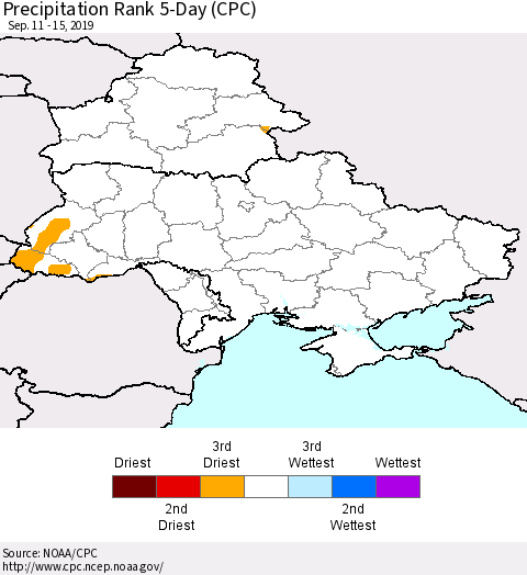 Ukraine, Moldova and Belarus Precipitation Rank since 1981, 5-Day (CPC) Thematic Map For 9/11/2019 - 9/15/2019