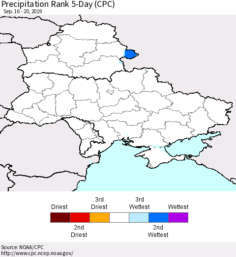 Ukraine, Moldova and Belarus Precipitation Rank since 1981, 5-Day (CPC) Thematic Map For 9/16/2019 - 9/20/2019