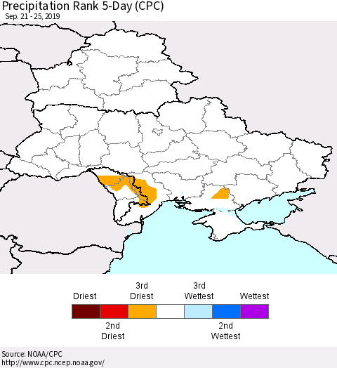 Ukraine, Moldova and Belarus Precipitation Rank 5-Day (CPC) Thematic Map For 9/21/2019 - 9/25/2019