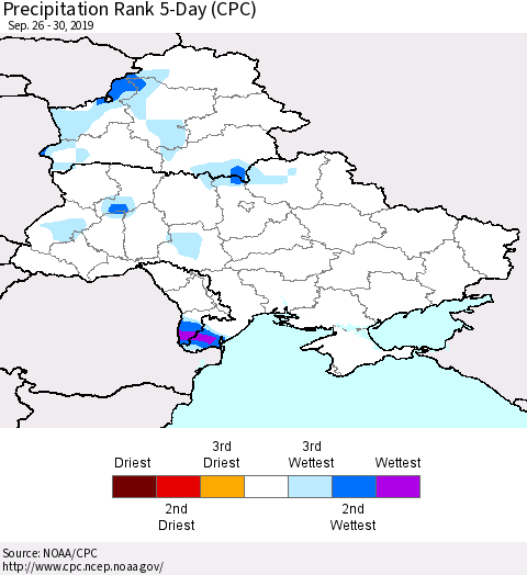 Ukraine, Moldova and Belarus Precipitation Rank since 1981, 5-Day (CPC) Thematic Map For 9/26/2019 - 9/30/2019