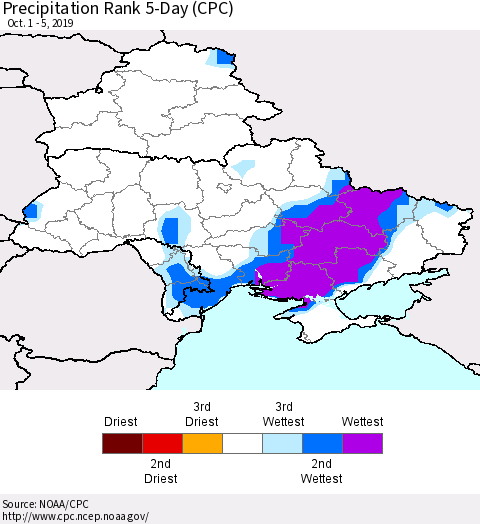 Ukraine, Moldova and Belarus Precipitation Rank 5-Day (CPC) Thematic Map For 10/1/2019 - 10/5/2019