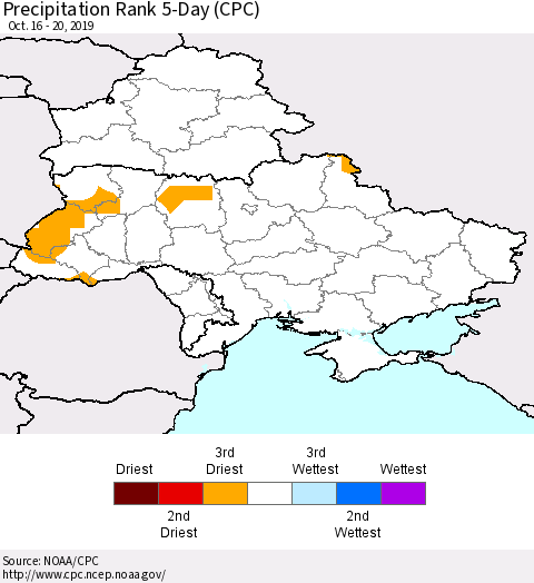 Ukraine, Moldova and Belarus Precipitation Rank 5-Day (CPC) Thematic Map For 10/16/2019 - 10/20/2019
