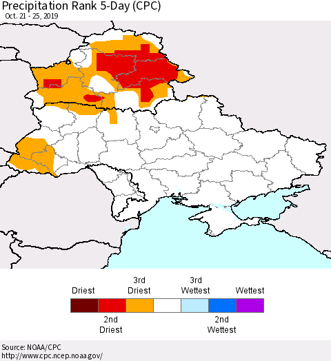Ukraine, Moldova and Belarus Precipitation Rank 5-Day (CPC) Thematic Map For 10/21/2019 - 10/25/2019