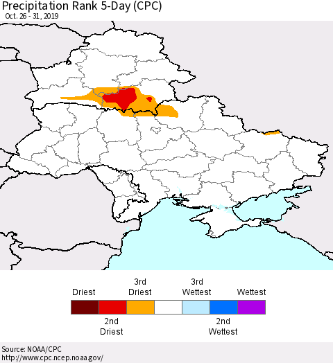 Ukraine, Moldova and Belarus Precipitation Rank 5-Day (CPC) Thematic Map For 10/26/2019 - 10/31/2019