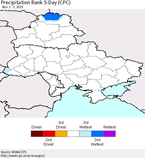 Ukraine, Moldova and Belarus Precipitation Rank 5-Day (CPC) Thematic Map For 11/1/2019 - 11/5/2019