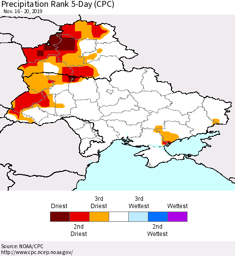 Ukraine, Moldova and Belarus Precipitation Rank 5-Day (CPC) Thematic Map For 11/16/2019 - 11/20/2019