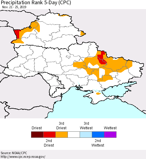 Ukraine, Moldova and Belarus Precipitation Rank since 1981, 5-Day (CPC) Thematic Map For 11/21/2019 - 11/25/2019