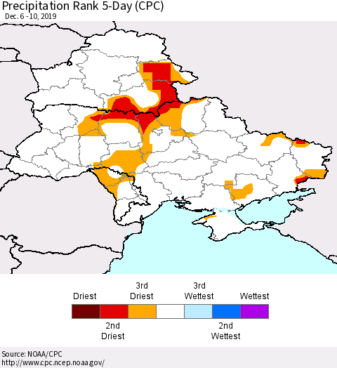 Ukraine, Moldova and Belarus Precipitation Rank 5-Day (CPC) Thematic Map For 12/6/2019 - 12/10/2019