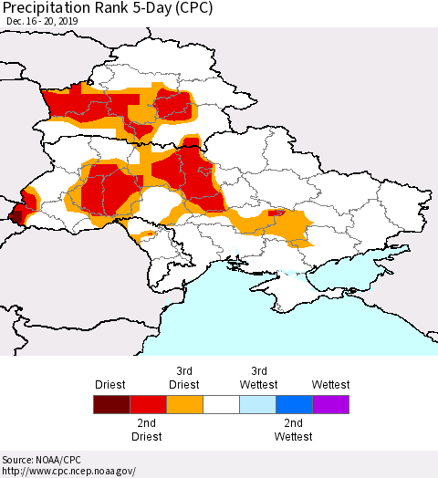 Ukraine, Moldova and Belarus Precipitation Rank 5-Day (CPC) Thematic Map For 12/16/2019 - 12/20/2019