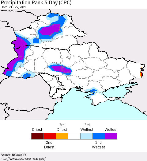 Ukraine, Moldova and Belarus Precipitation Rank 5-Day (CPC) Thematic Map For 12/21/2019 - 12/25/2019