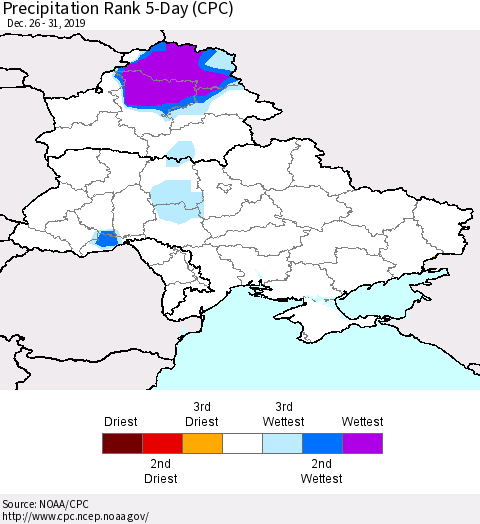 Ukraine, Moldova and Belarus Precipitation Rank 5-Day (CPC) Thematic Map For 12/26/2019 - 12/31/2019