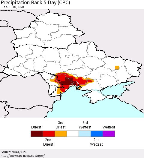 Ukraine, Moldova and Belarus Precipitation Rank 5-Day (CPC) Thematic Map For 1/6/2020 - 1/10/2020