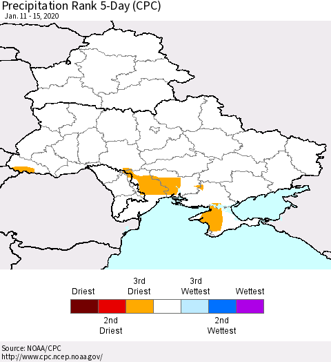 Ukraine, Moldova and Belarus Precipitation Rank 5-Day (CPC) Thematic Map For 1/11/2020 - 1/15/2020