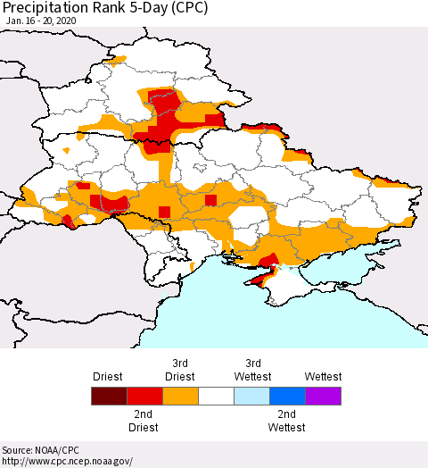 Ukraine, Moldova and Belarus Precipitation Rank 5-Day (CPC) Thematic Map For 1/16/2020 - 1/20/2020