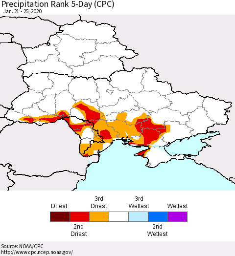 Ukraine, Moldova and Belarus Precipitation Rank since 1981, 5-Day (CPC) Thematic Map For 1/21/2020 - 1/25/2020