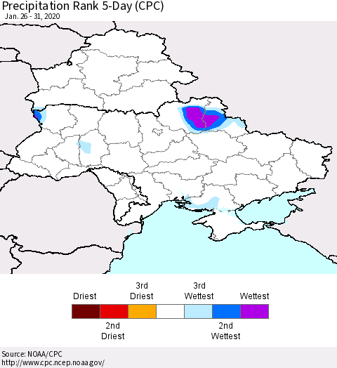 Ukraine, Moldova and Belarus Precipitation Rank 5-Day (CPC) Thematic Map For 1/26/2020 - 1/31/2020