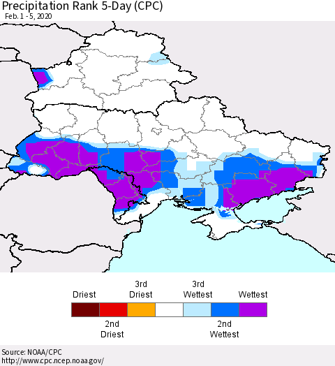 Ukraine, Moldova and Belarus Precipitation Rank 5-Day (CPC) Thematic Map For 2/1/2020 - 2/5/2020