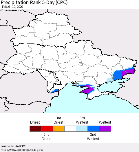 Ukraine, Moldova and Belarus Precipitation Rank since 1981, 5-Day (CPC) Thematic Map For 2/6/2020 - 2/10/2020