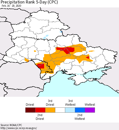 Ukraine, Moldova and Belarus Precipitation Rank since 1981, 5-Day (CPC) Thematic Map For 2/16/2020 - 2/20/2020