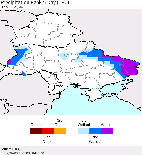 Ukraine, Moldova and Belarus Precipitation Rank 5-Day (CPC) Thematic Map For 2/21/2020 - 2/25/2020