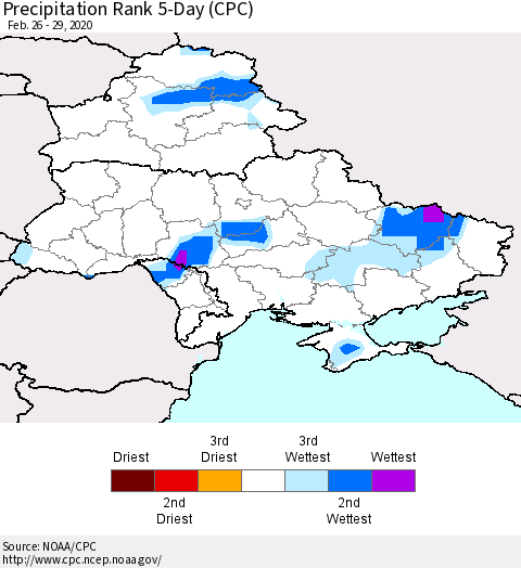 Ukraine, Moldova and Belarus Precipitation Rank 5-Day (CPC) Thematic Map For 2/26/2020 - 2/29/2020