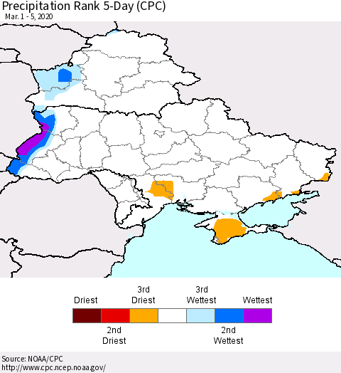 Ukraine, Moldova and Belarus Precipitation Rank 5-Day (CPC) Thematic Map For 3/1/2020 - 3/5/2020