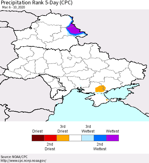 Ukraine, Moldova and Belarus Precipitation Rank since 1981, 5-Day (CPC) Thematic Map For 3/6/2020 - 3/10/2020