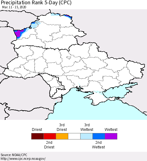 Ukraine, Moldova and Belarus Precipitation Rank 5-Day (CPC) Thematic Map For 3/11/2020 - 3/15/2020