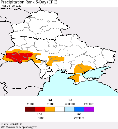 Ukraine, Moldova and Belarus Precipitation Rank 5-Day (CPC) Thematic Map For 3/16/2020 - 3/20/2020