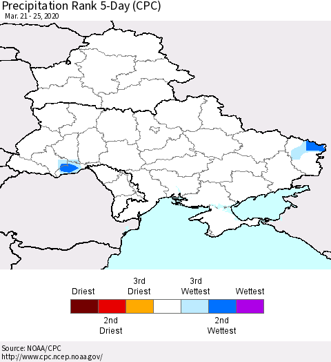 Ukraine, Moldova and Belarus Precipitation Rank 5-Day (CPC) Thematic Map For 3/21/2020 - 3/25/2020