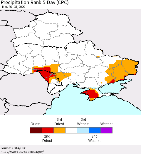 Ukraine, Moldova and Belarus Precipitation Rank 5-Day (CPC) Thematic Map For 3/26/2020 - 3/31/2020