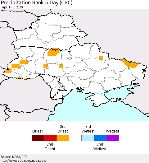 Ukraine, Moldova and Belarus Precipitation Rank 5-Day (CPC) Thematic Map For 4/1/2020 - 4/5/2020