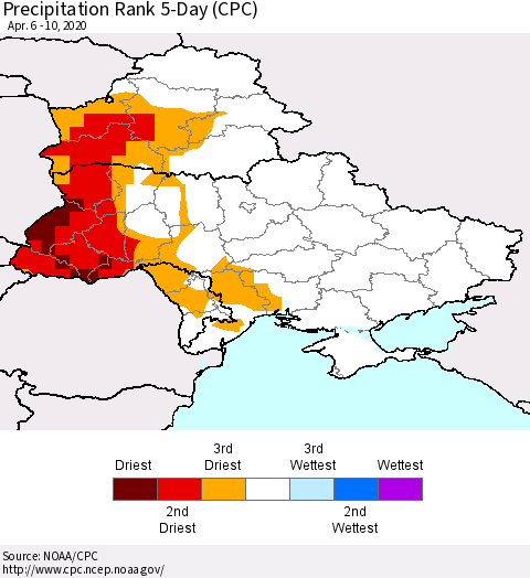 Ukraine, Moldova and Belarus Precipitation Rank 5-Day (CPC) Thematic Map For 4/6/2020 - 4/10/2020