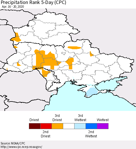 Ukraine, Moldova and Belarus Precipitation Rank since 1981, 5-Day (CPC) Thematic Map For 4/16/2020 - 4/20/2020