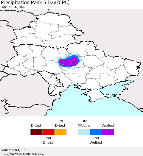 Ukraine, Moldova and Belarus Precipitation Rank 5-Day (CPC) Thematic Map For 4/26/2020 - 4/30/2020